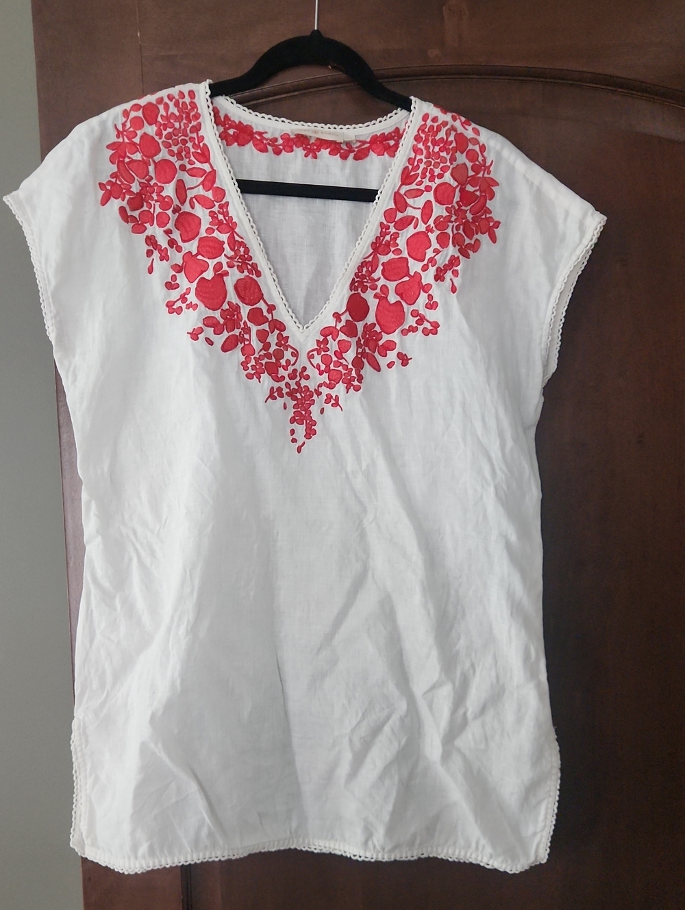 Tory Burch White V-Neck Linen Swim Coverup Tunic Red Floral Embroidery Large L